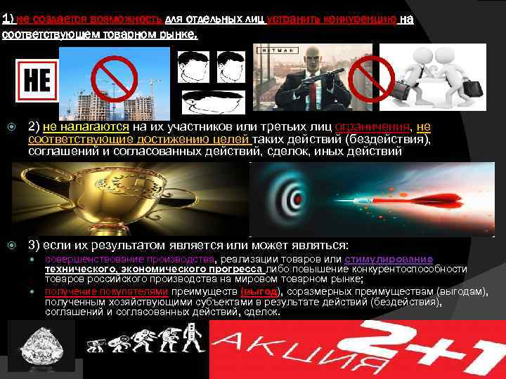 1) не создается возможность для отдельных лиц устранить конкуренцию на соответствующем товарном рынке, 2)