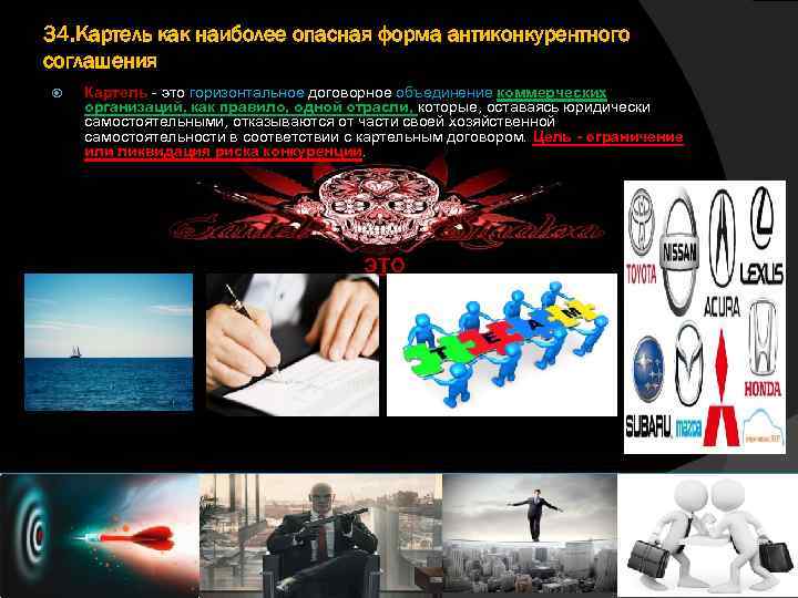 34. Картель как наиболее опасная форма антиконкурентного соглашения Картель это горизонтальное договорное объединение коммерческих