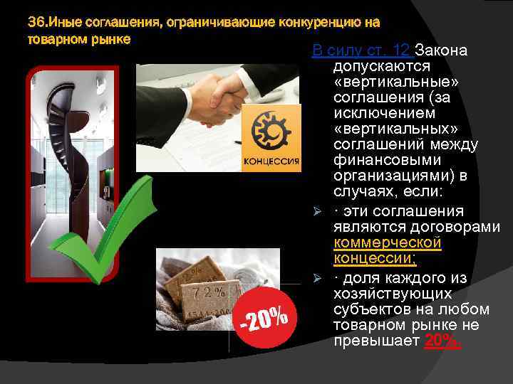36. Иные соглашения, ограничивающие конкуренцию на товарном рынке В силу ст. 12 Закона допускаются