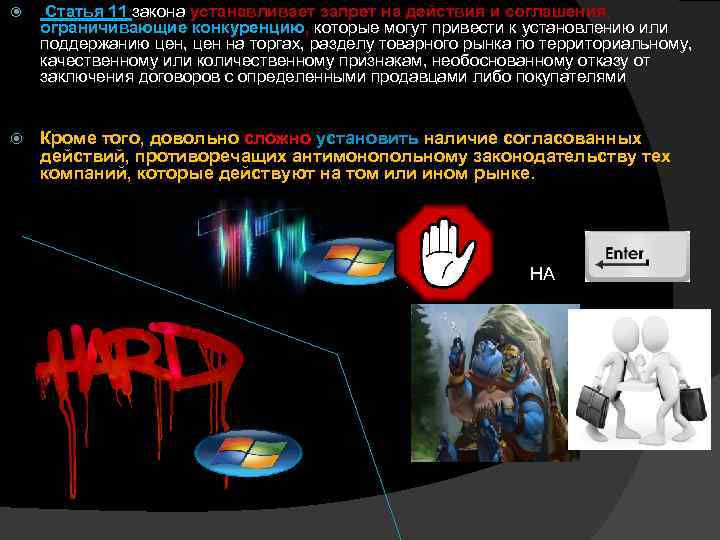  Статья 11 закона устанавливает запрет на действия и соглашения, ограничивающие конкуренцию, которые могут