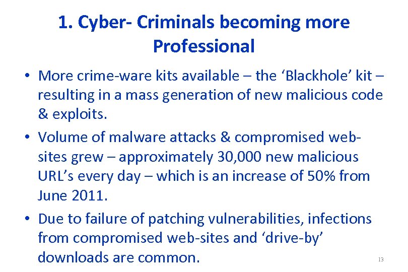 1. Cyber- Criminals becoming more Professional • More crime-ware kits available – the ‘Blackhole’