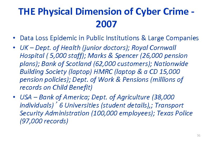 THE Physical Dimension of Cyber Crime 2007 • Data Loss Epidemic in Public Institutions