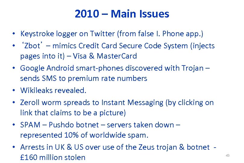 2010 – Main Issues • Keystroke logger on Twitter (from false I. Phone app.