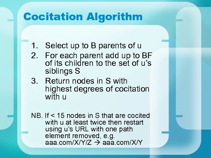 Cocitation Algorithm 1. Select up to B parents of u 2. For each parent