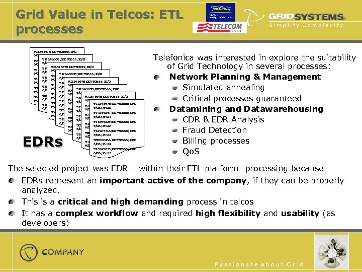 Grid Value in Telcos: ETL processes 912345678; 00790555; 10/0 6/03; 16: 30 912345678; 00790555;