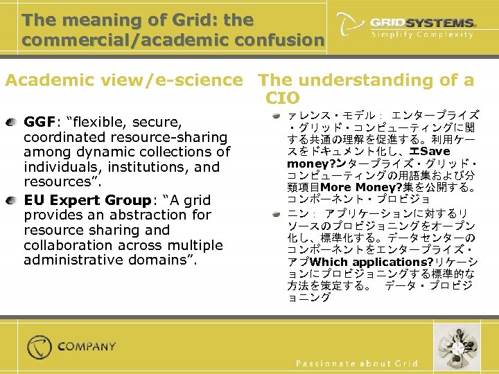 The meaning of Grid: the commercial/academic confusion Academic view/e-science The understanding of a CIO