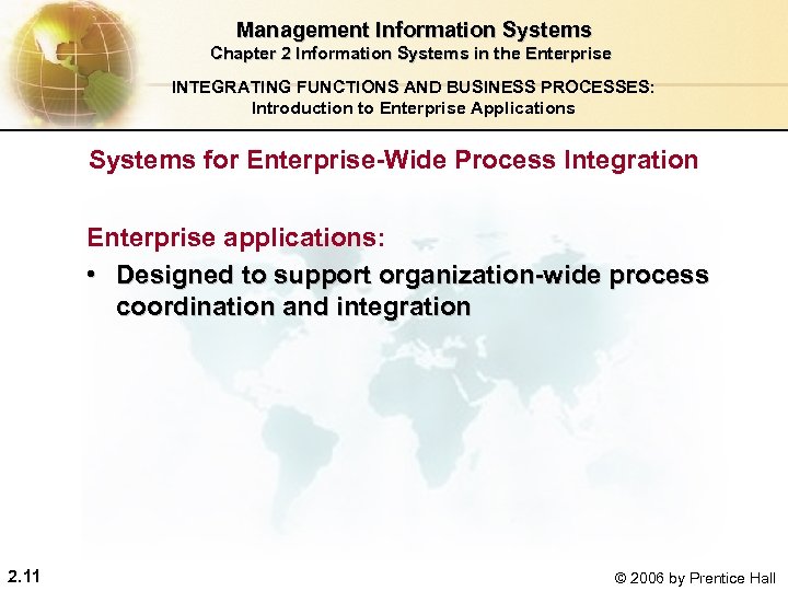  Management Information Systems Chapter 2 Information Systems in the Enterprise INTEGRATING FUNCTIONS AND