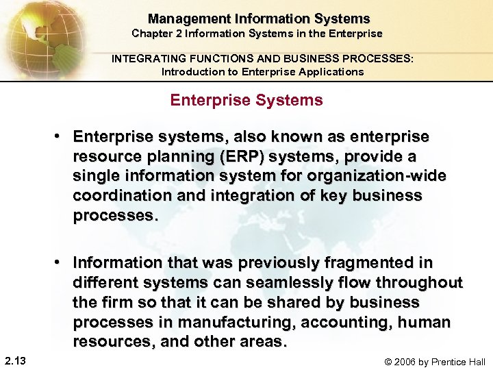  Management Information Systems Chapter 2 Information Systems in the Enterprise INTEGRATING FUNCTIONS AND