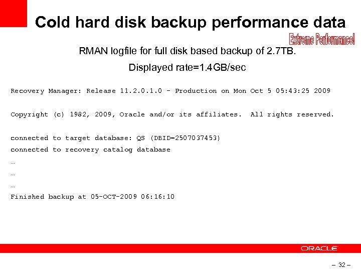 Cold hard disk backup performance data RMAN logfile for full disk based backup of