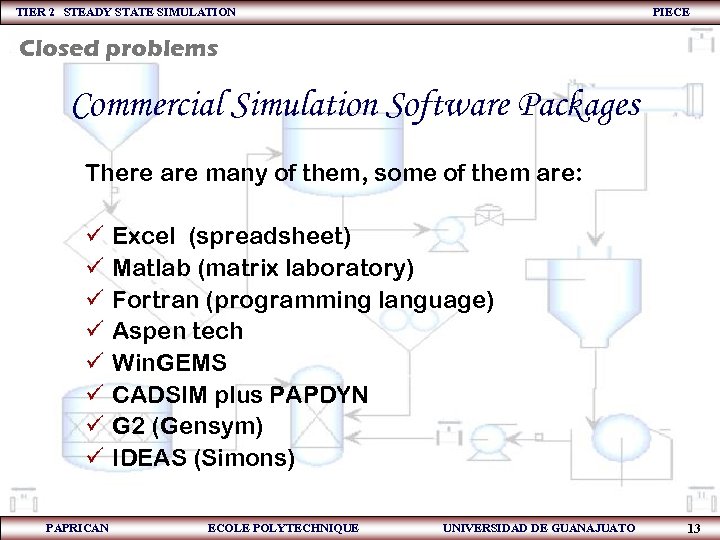 TIER 2 STEADY STATE SIMULATION PIECE Closed problems Commercial Simulation Software Packages There are