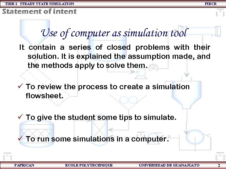 TIER 2 STEADY STATE SIMULATION PIECE Statement of intent Use of computer as simulation