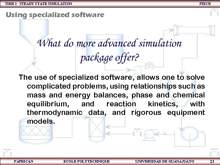 TIER 2 STEADY STATE SIMULATION PIECE Using specialized software What do more advanced simulation