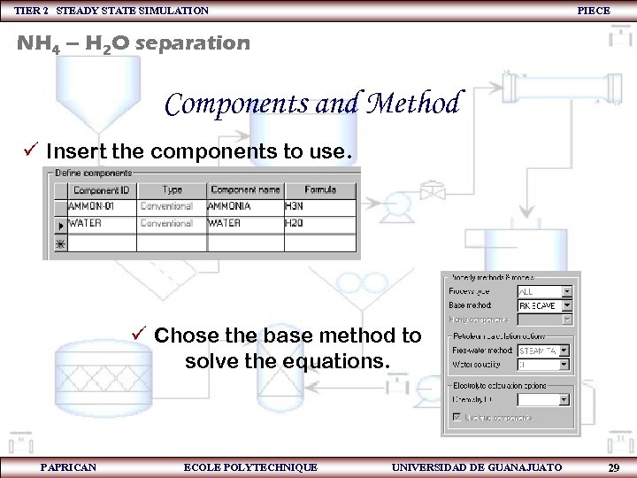 TIER 2 STEADY STATE SIMULATION PIECE NH 4 – H 2 O separation Components