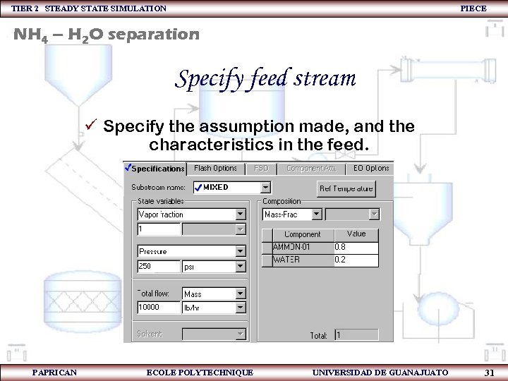 TIER 2 STEADY STATE SIMULATION PIECE NH 4 – H 2 O separation Specify
