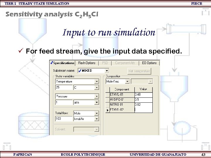TIER 2 STEADY STATE SIMULATION PIECE Sensitivity analysis C 2 H 5 Cl Input