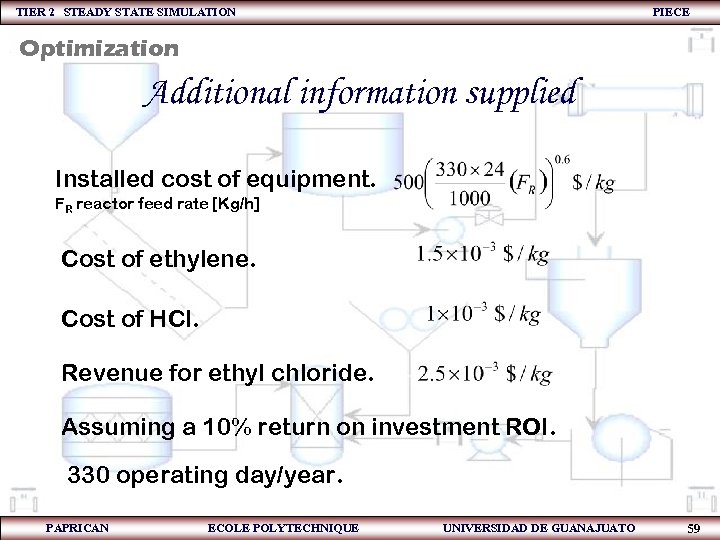 TIER 2 STEADY STATE SIMULATION PIECE Optimization Additional information supplied Installed cost of equipment.