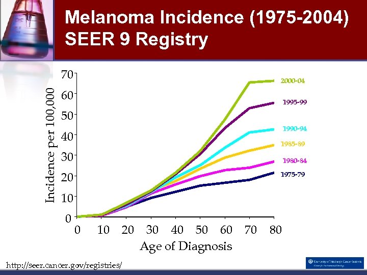 Melanoma Incidence (1975 -2004) SEER 9 Registry Incidence per 100, 000 70 2000 -04