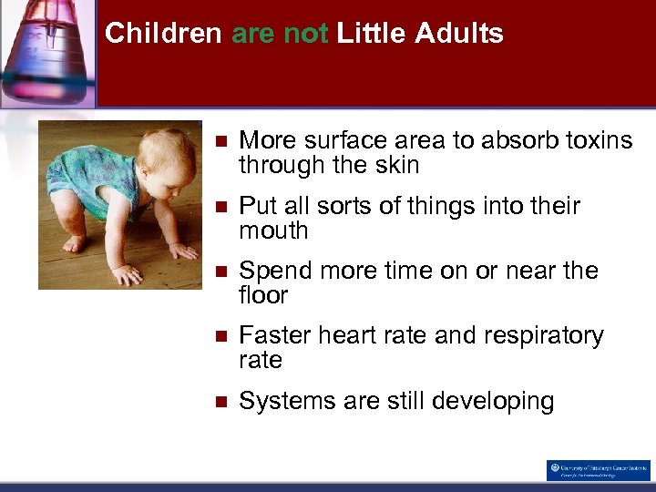 Children are not Little Adults n More surface area to absorb toxins through the