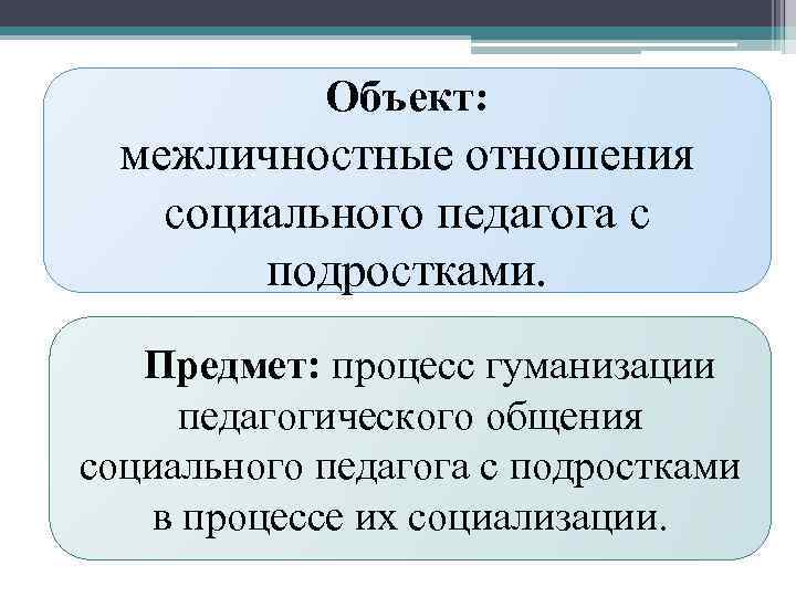 Объект: межличностные отношения социального педагога с подростками. Предмет: процесс гуманизации педагогического общения социального педагога