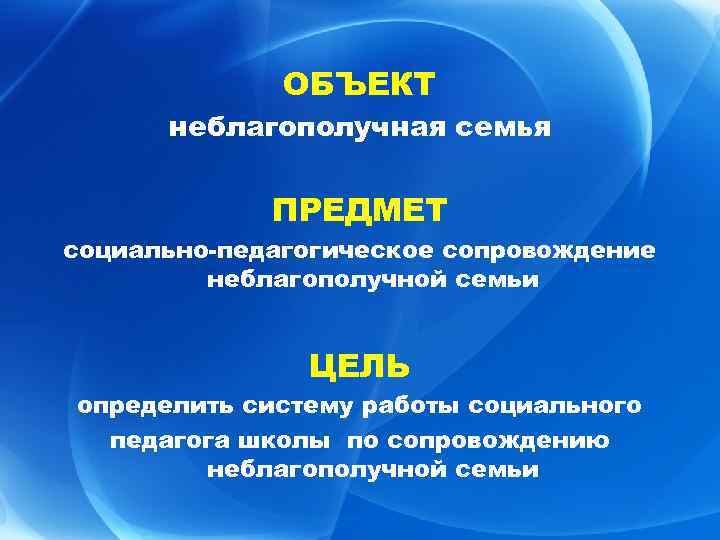 ОБЪЕКТ неблагополучная семья ПРЕДМЕТ социально-педагогическое сопровождение неблагополучной семьи ЦЕЛЬ определить систему работы социального педагога