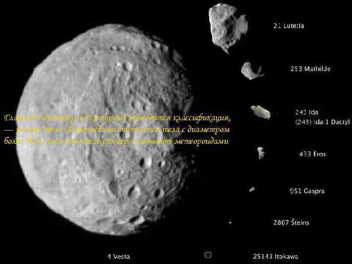 Главный параметр, по которому проводится классификация, — размер тела. Астероидами считаются тела с диаметром