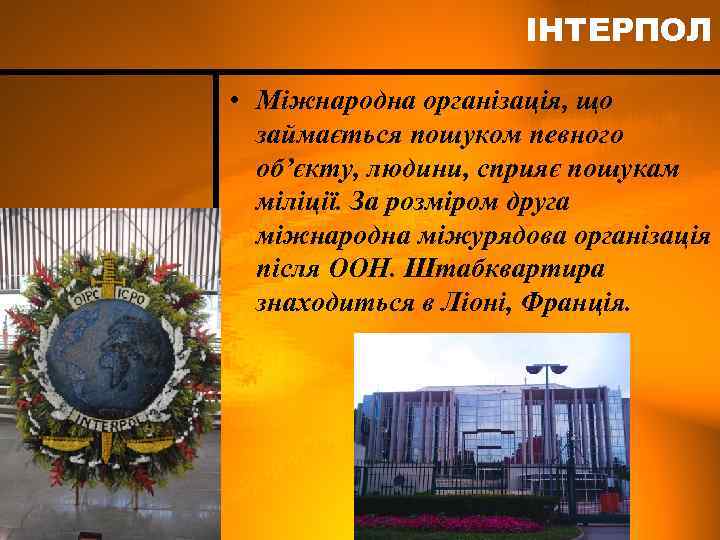 ІНТЕРПОЛ • Міжнародна організація, що займається пошуком певного об’єкту, людини, сприяє пошукам міліції. За