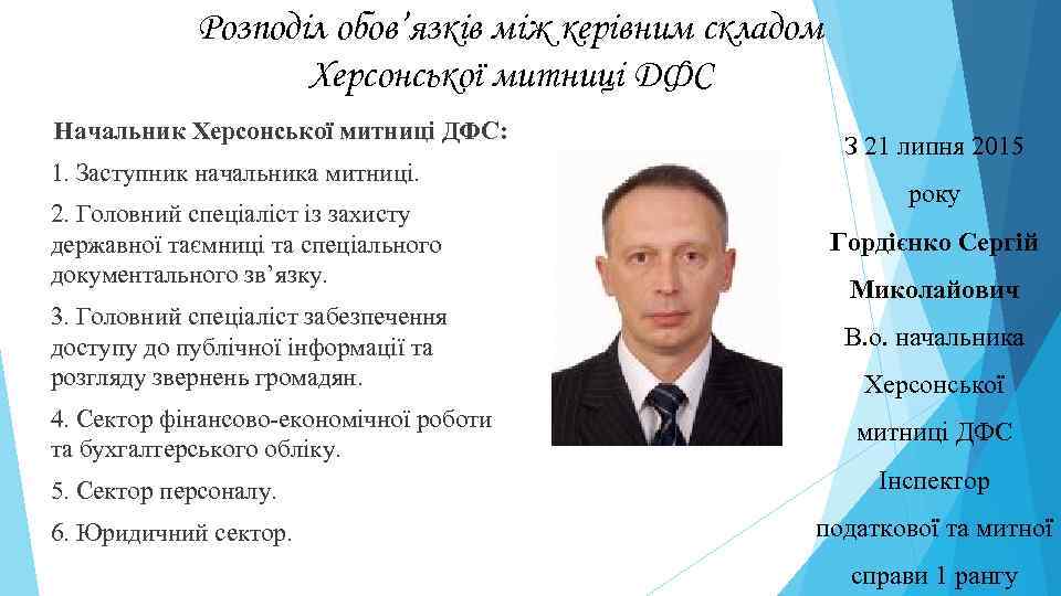 Розподіл обов’язків між керівним складом Херсонської митниці ДФС Начальник Херсонської митниці ДФС: 1. Заступник