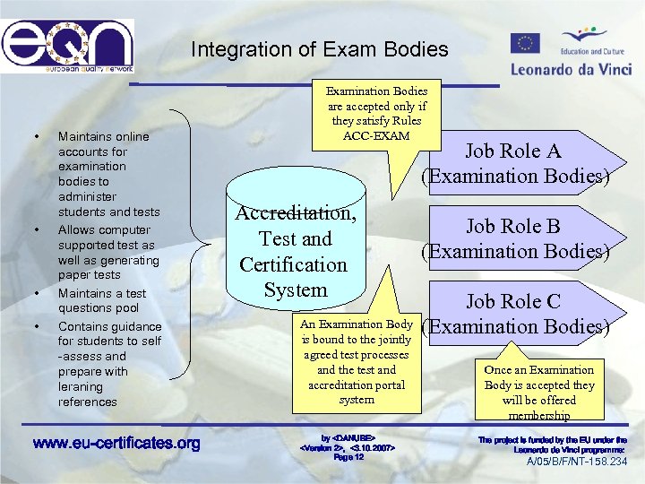 Integration of Exam Bodies • • Maintains online accounts for examination bodies to administer