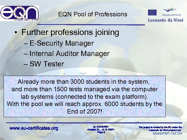 EQN Pool of Professions • Further professions joining – E-Security Manager – Internal Auditor