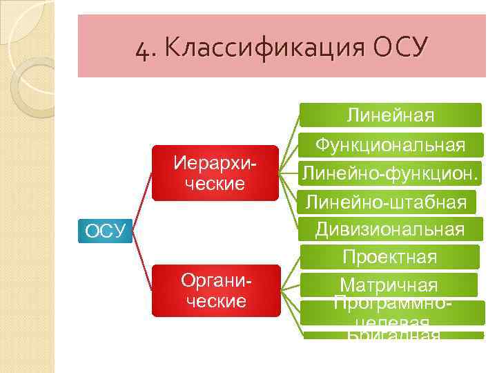 4. Классификация ОСУ Линейная Иерархические ОСУ Органические Функциональная Линейно-функцион. Линейно-штабная Дивизиональная Проектная Матричная Программноцелевая