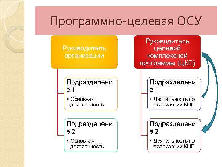 Программно целевая ОСУ Руководитель организации Руководитель целевой комплексной программы (ЦКП) Подразделени е 1 •