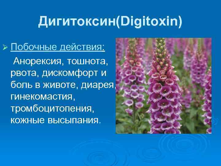 Дигитоксин(Digitoxin) Ø Побочные действия: Анорексия, тошнота, рвота, дискомфорт и боль в животе, диарея, гинекомастия,