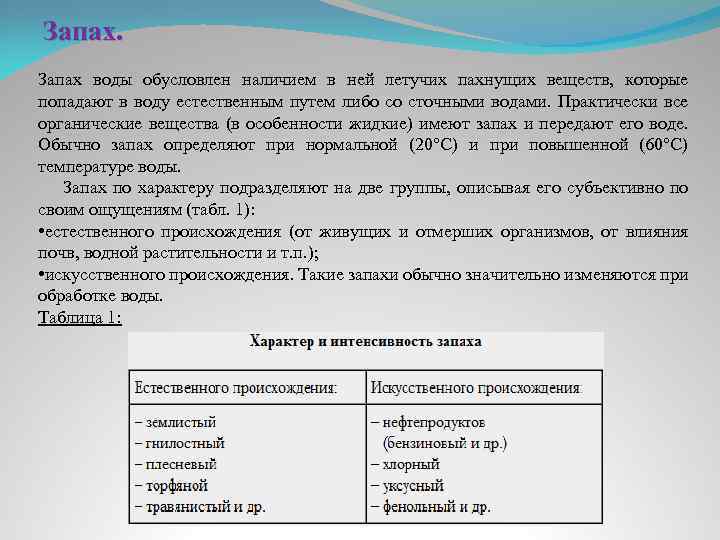 Запах воды обусловлен наличием в ней летучих пахнущих веществ, которые попадают в воду естественным