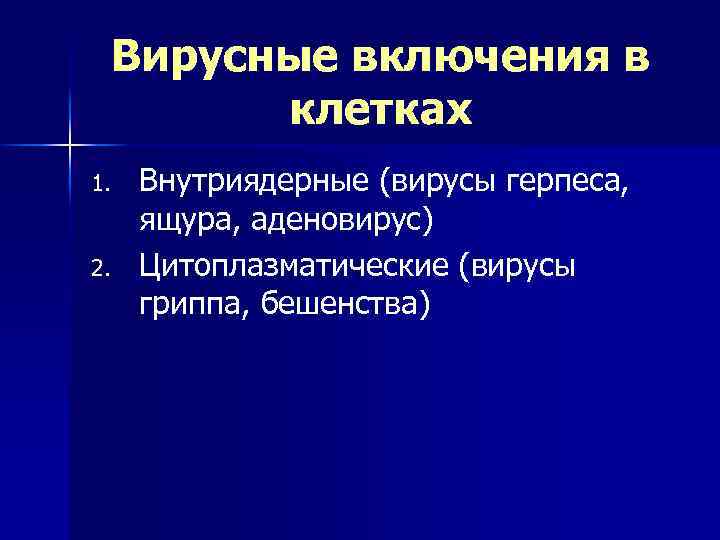 Вирусные включения в клетках 1. 2. Внутриядерные (вирусы герпеса, ящура, аденовирус) Цитоплазматические (вирусы гриппа,