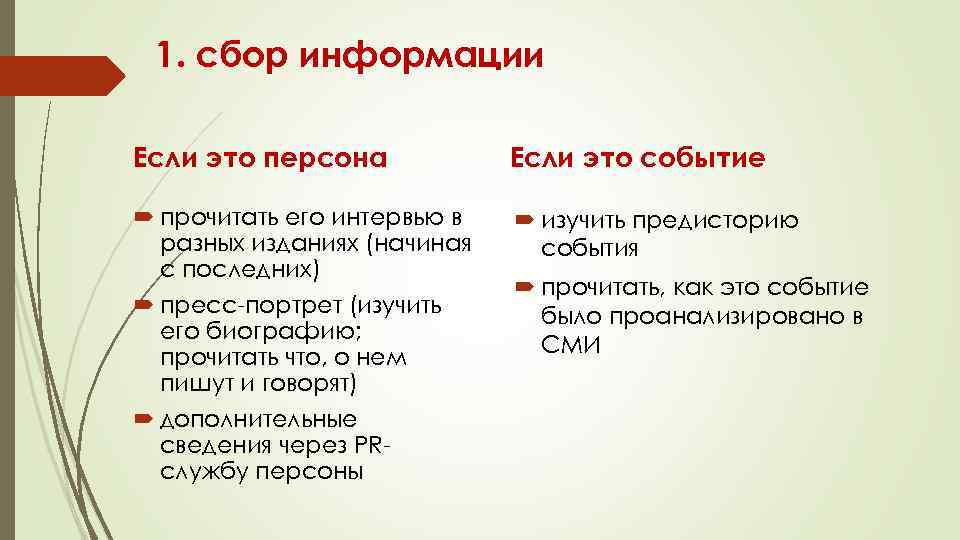 1. сбор информации Если это персона Если это событие прочитать его интервью в разных