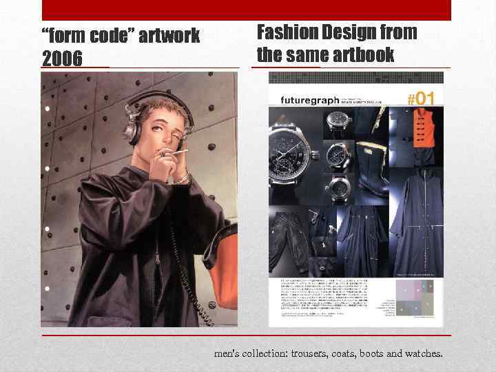 “form code” artwork 2006 Fashion Design from the same artbook men's collection: trousers, coats,