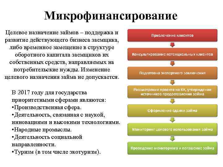 Микрофинансирование Целевое назначение займов – поддержка и развитие действующего бизнеса заемщика, либо временное замещение