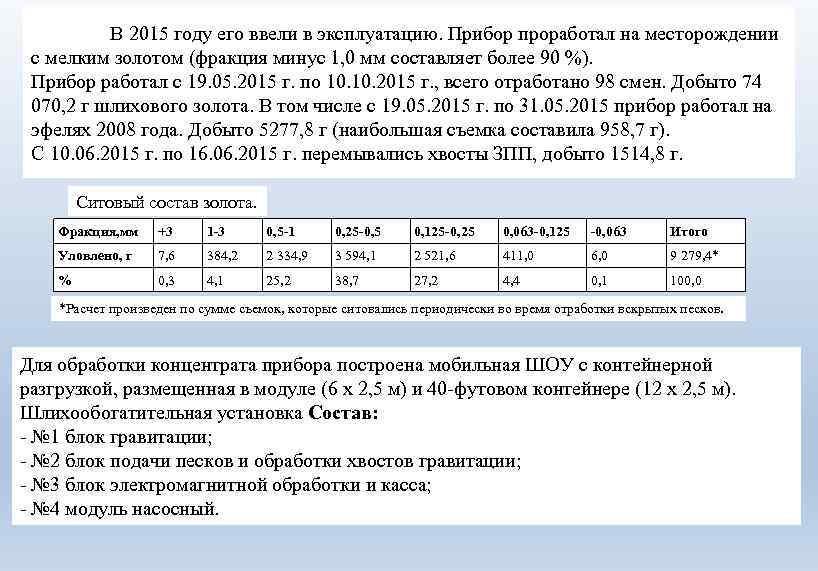 В 2015 году его ввели в эксплуатацию. Прибор проработал на месторождении с мелким золотом