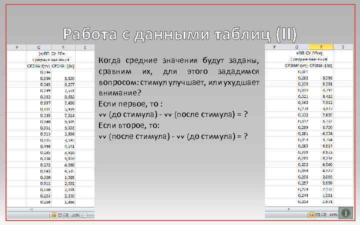 Работа с данными таблиц (II) Когда средние значения будут заданы, сравним их, для этого