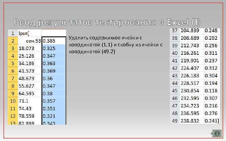Ввод результатов тестирования в Excel (I) Удалить содержимое ячейки с координатой (1. 1) и