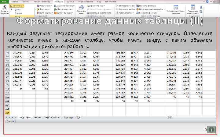 Форматирование данных таблицы (II) Каждый результат тестирования имеет разное количество стимулов. Определите количество ячеек