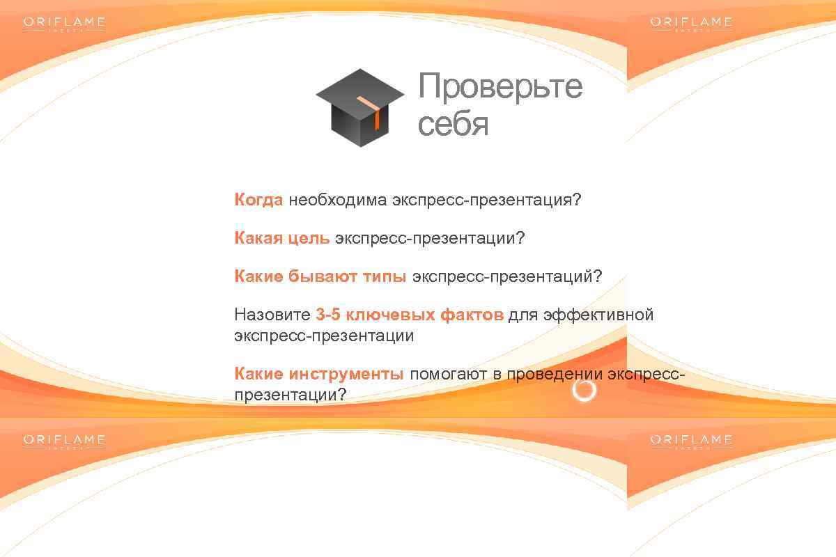 Проверьте себя Когда необходима экспресс-презентация? Какая цель экспресс-презентации? Какие бывают типы экспресс-презентаций? Назовите 3