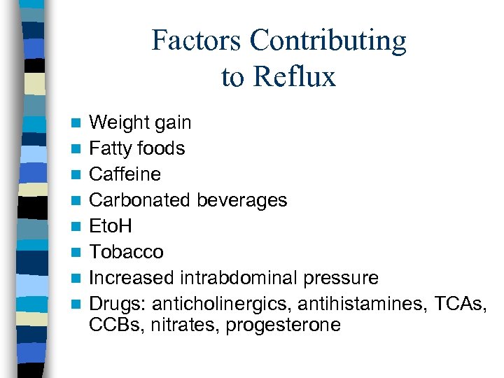 Factors Contributing to Reflux n n n n Weight gain Fatty foods Caffeine Carbonated