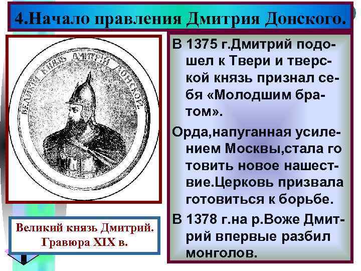 Меню 4. Начало правления Дмитрия Донского. Великий князь Дмитрий. Гравюра XIX в. В 1375