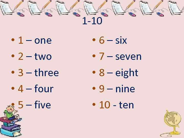 1 -10 • 1 – one • 2 – two • 3 – three