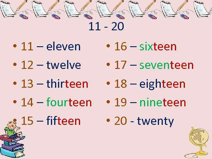 11 - 20 • 11 – eleven • 12 – twelve • 13 –