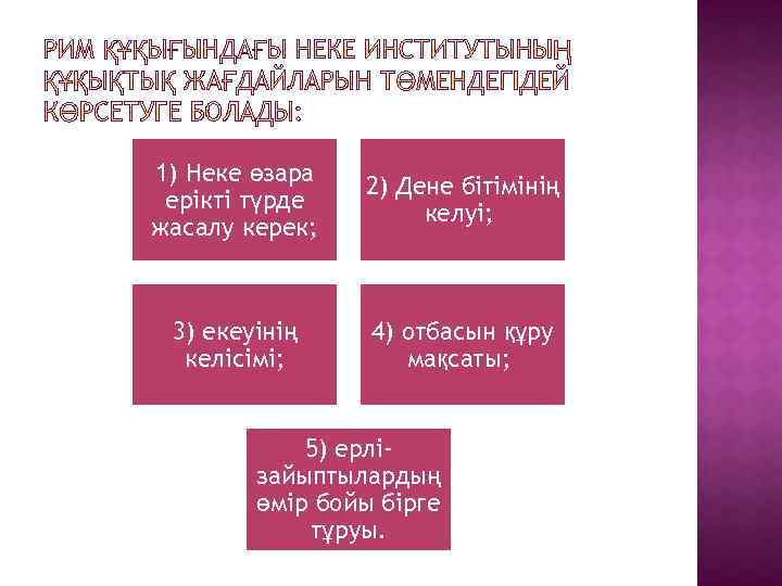1) Неке өзара ерікті түрде жасалу керек; 2) Дене бітімінің келуі; 3) екеуінің келісімі;