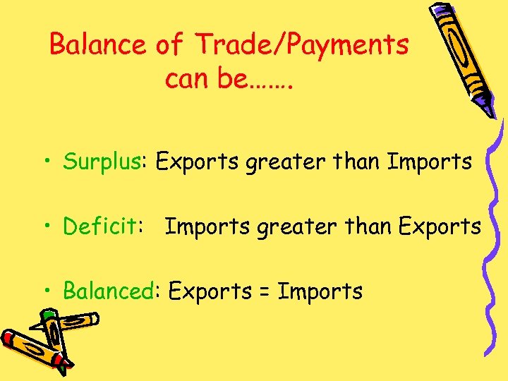 Balance of Trade/Payments can be……. • Surplus: Exports greater than Imports • Deficit: Imports