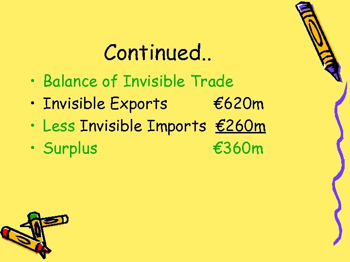 Continued. . • • Balance of Invisible Trade Invisible Exports € 620 m Less