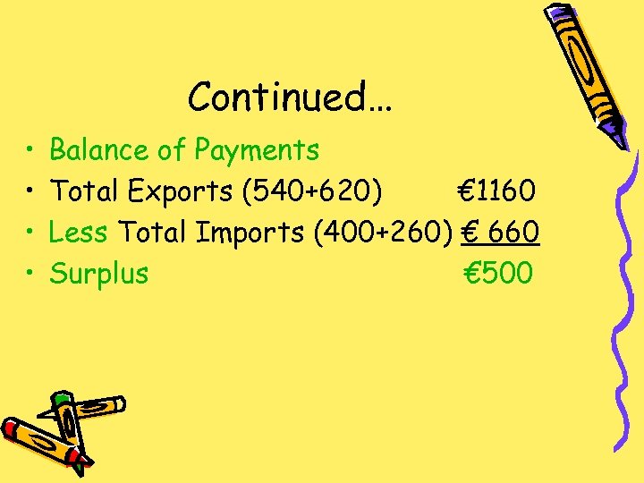 Continued… • • Balance of Payments Total Exports (540+620) € 1160 Less Total Imports